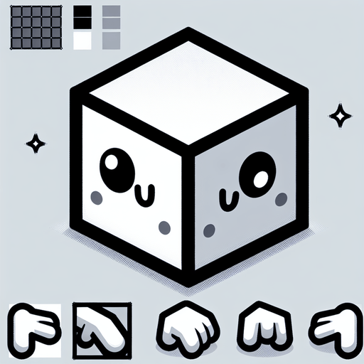 a cube with two eyes and hands but no arms.
Single Game Texture. In-Game asset. 2d. Blank background. High contrast. No shadows. (not creepy), cute