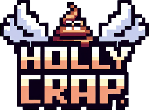 text saying "Holy Crap!" against a divine angelic poop banner. pixelated. 8-bit.
Single Game Texture. In-Game asset. 2d. Blank background. High contrast. No shadows.