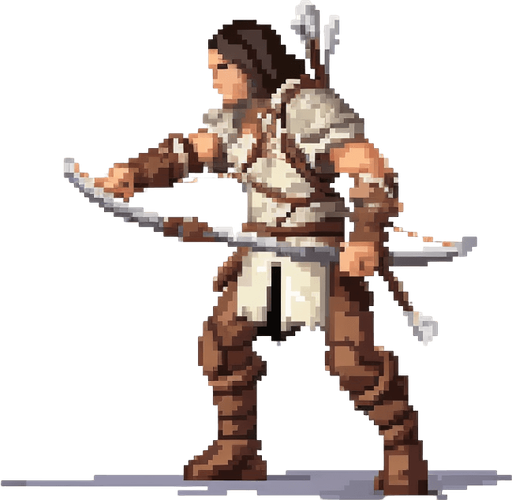 Heroic archer walking to the right.
Game Texture. In-Game asset. 2d. Pixelart. White background. Blank background. Low detail. High contrast.