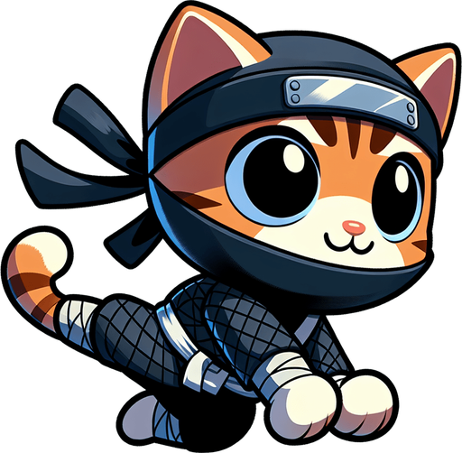 Cartoon ninja cat.
Single Game Texture. In-Game asset. 2d. Blank background. High contrast. No shadows.