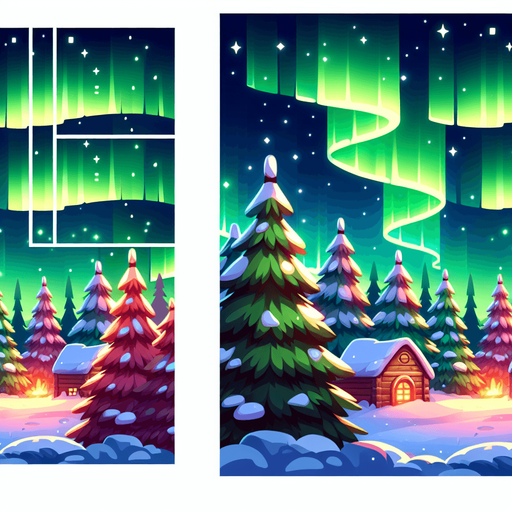 Cartoon Christmas outdoor scene. Forest, northern lights.
Single Game Texture. In-Game asset. 2d. Blank background. High contrast. No shadows.