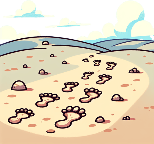 Create a cartoon-style illustration of footsteps in the sand.
Single Game Texture. In-Game asset. 2d. Blank background. High contrast. No shadows.