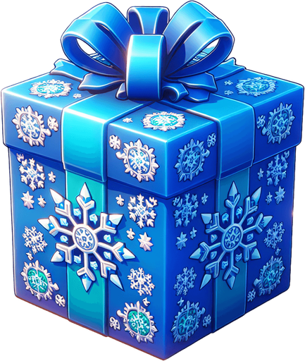 a christmas decorated blue present. plastic style. Single Game Texture. In-Game asset. 2d. Blank background. High contrast. No shadows.