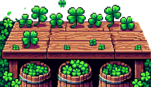 pixel art of a wood counter full of 4 leaf clovers.
front face view