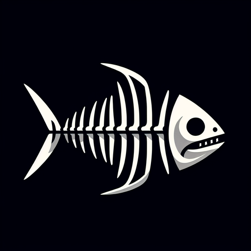 Very minimalist skeleton of a fish with a fin and cute shark head...
2d. Black background. High contrast. No shadows.