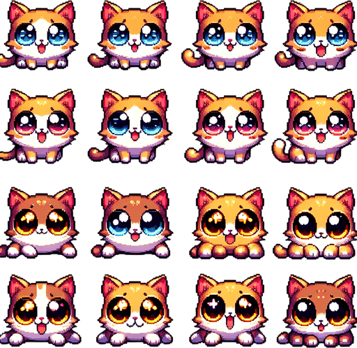 A sprite sheet of happy, cute and very silly looking little cats with large eyes..
Single Game Texture. In-Game asset. 2d. Blank background. High contrast. No shadows.