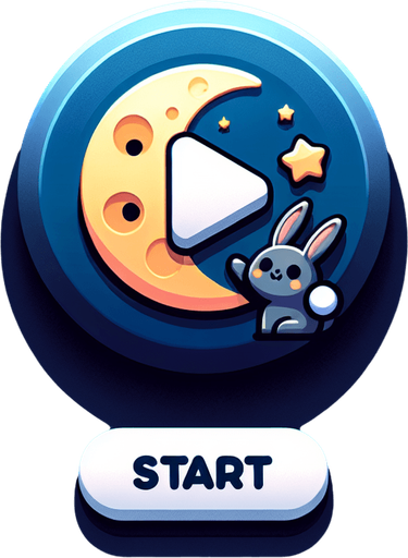 Rabbit and moon themed start button.
Single Game Texture. In-Game asset. 2d. Blank background. High contrast. No shadows.