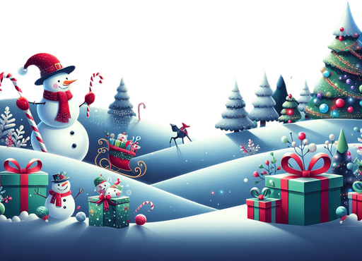 a feeric christmas landscape at night with a snow man , candy canes ,holly leafs and snow flakes, Santa's reindeers, green, red and blue presents Background image