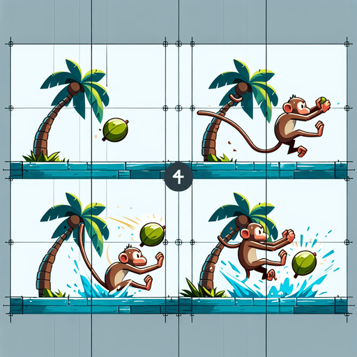 Peux tu créer une image composées de quatre parties égales : le mouvement décomposé d'un singe qui balance une noix de coco vers le bas?.
Single Game Texture. In-Game asset. 2d. Blank background. High contrast. No shadows.