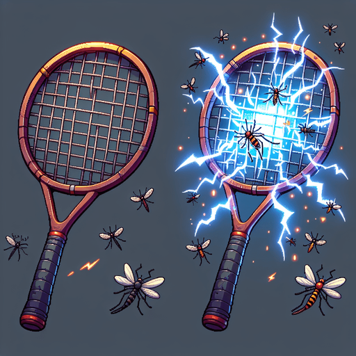 The electric mosquito killing bat sprite sheet will illustrate the device in two states: idle and activated. In the idle state, the bat resembles a tennis racket with a fine mesh grid, featuring a handle for easy grip and a subtle glow emanating from the electrified grid. The activated state showcases the bat in action, zapping mosquitoes with bright sparks and flashes of electricity as they come into contact with the mesh. The sparks should be animated to convey the sensation of a powerful electric discharge. Additional details could include small mosquito silhouettes near the grid in the activated state, or a faint buzzing sound effect to enhance the visual and auditory experience..
Single Game Texture. In-Game asset. 2d. Blank background. High contrast. No shadows.