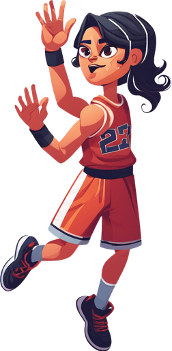 Create a cartoon-style illustration of a basketball player in a shooting pose with hands raised in the air. This character should not be holding a basketball. Emphasize the cartoonish features, exaggerate expressions, and ensure the absence of a basketball in the scene. The goal is to capture a lively and playful cartoon character ready to shoot, with a focus on dynamic and exaggerated elements.