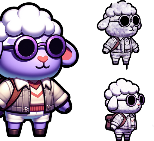 make a sheep wearing round purple glasses a jacket and a bag.
Single Game Texture. In-Game asset. 2d. Blank background. medium contrast. No shadows. cartoony. birdside view. full body. not facing the camera