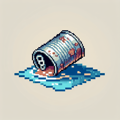 8 bit. cartoon. old open can. rusty . floating in the water.  in game asset. no background. Single Game Texture. In-Game asset. 2d. Blank background. High contrast. No shadows.