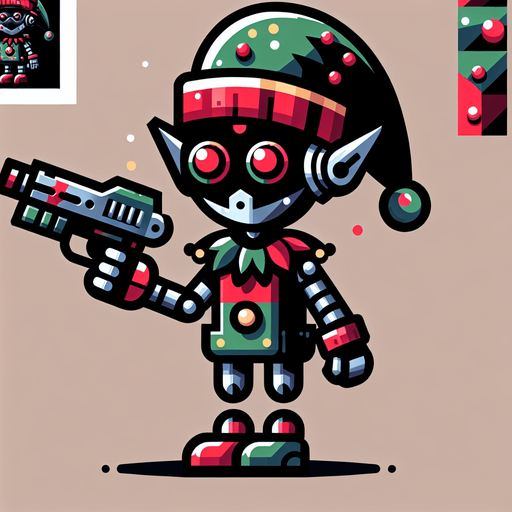 2d christmas evil robot elf with a gun Single Game Texture. In-Game asset. 2d. Blank background. High contrast. No shadows. Single Game Texture. In-Game asset. 2d. Blank background. High contrast. No shadows.