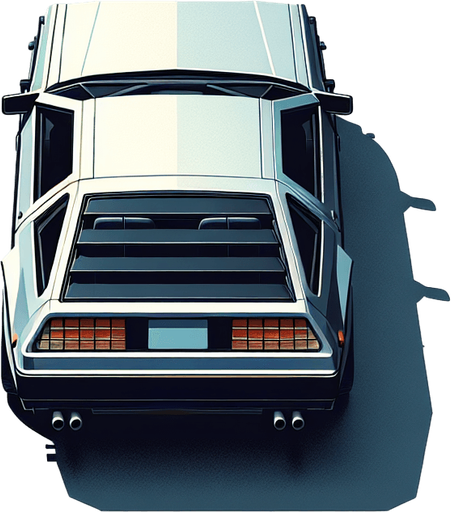 DeLorean car, seen from behind

Top-down, gta2, Single Game Texture. In-Game asset. 2d. Blank background. High contrast. No shadows.isometric