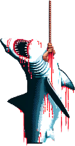 high quality pixel art based background image for a movie showing a Shark hung on a hunting fishing yacht. GAME OVER text written in sharp white fangs text with red blood dripping all around the text.
Single Game Texture. In-Game asset. 2d. Blank background. High contrast. No shadows.