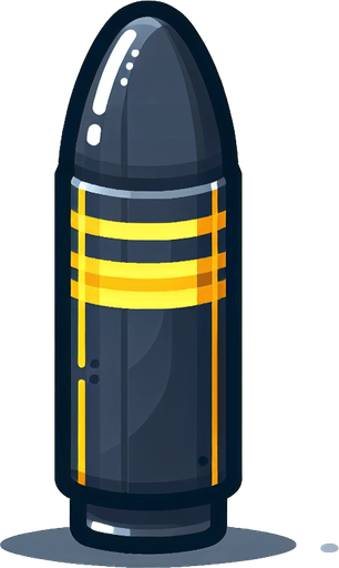 make a single black bullet with yellow lines..
Single Game Texture. In-Game asset. 2d. Blank background. medium contrast. No shadows. cartoony. birdside view. full body. not facing the camera