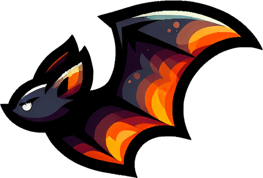 Single simple cartoon bat for a game titled "Flap & Bounce". The bird has lots black, grey and orange colors and is high contrast. The bat is seen from the side. Only show the animal. No shadows.
Single Game Texture. In-Game asset. 2d. Blank background. High contrast. No shadows.