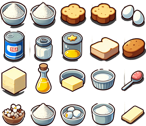 Cake ingredients.
Single Game Texture. In-Game asset. 2d. Blank background. High contrast. No shadows.