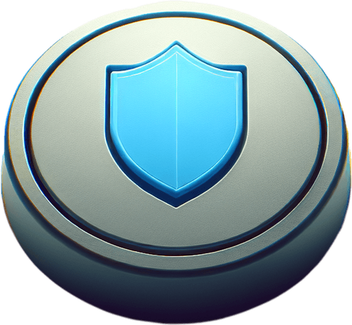 basic light round  convex gray button with a raised blue shield icon..
UI