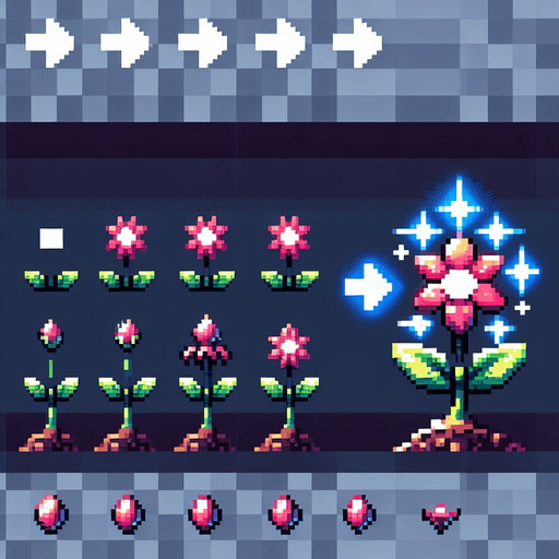 pixel art sprite sheet of a growing plant with a diamond flower.
Game asset. 2d. Blank background. High contrast. No shadows.