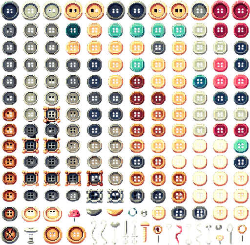 Create a sprite sheet featuring various sewing buttons. Each button should be distinct, with a cohesive color scheme. The style should be detailed pixel art, reminiscent of classic 8-bit era video game. Arrange the components on a dark background, with each part neatly aligned in rows and columns for easy identification and use in game development..
Single Game Texture. In-Game asset. 2d. Blank background. High contrast. No shadows.