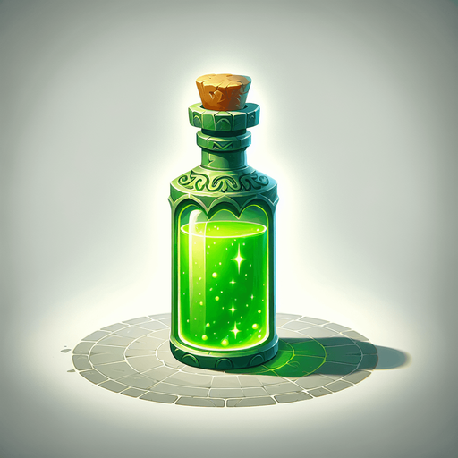 potion magique verte.
Single Game Texture. In-Game asset. 2d. Blank background. High contrast. No shadows.