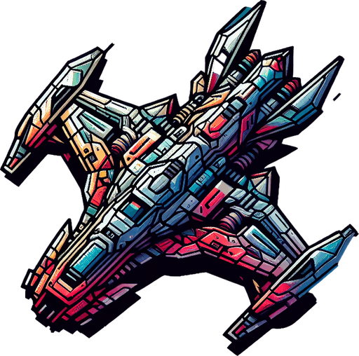 Single enemy spaceship flying straight downwards viewed from above in colour.
Single Game Texture. In-Game asset. 2d. Blank background. High contrast. No shadows.