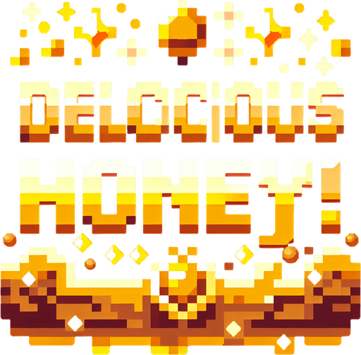 a cool splash screen style text saying 'Delicious Honey!' golden yellow brown honey colors. high-resolution pixel art..
Single Game Texture. In-Game asset. 2d. Blank background. High contrast. No shadows.