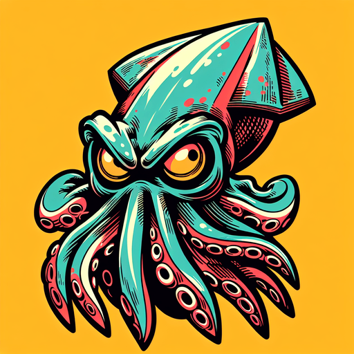 Create a cartoon-style illustration of a giant squid menacingly staring...
Single Game Texture. In-Game asset. 2d. Blank background. High contrast. No shadows.