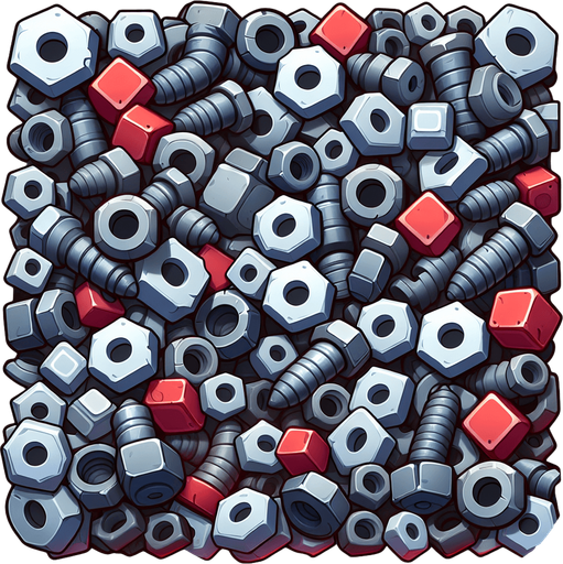 2d pile of gray and red nuts and bolts Single Game Texture. In-Game asset. 2d. Blank background. High contrast. No shadows.