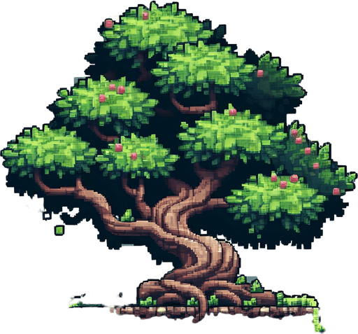 A 2D pixel of a tree asset transparent.
Single Game Texture. In-Game asset. 2d. Blank background. High contrast. No shadows.