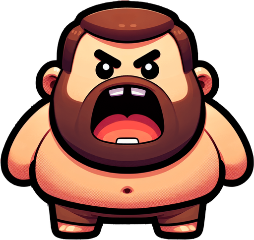 small figure of one funny and fat angry man, with brown beard and open mouth,   2d game character.
Single Game Texture. In-Game asset. 2d. Blank background. High contrast. No shadows.