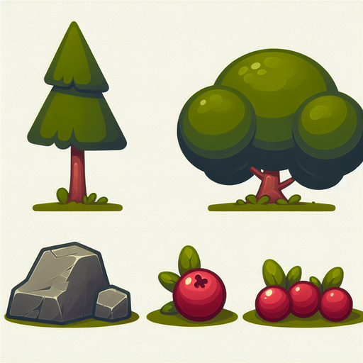 A tree a rock and crambery in a RTS style Single Game Texture. In-Game asset. 2d. Blank background. High contrast. No shadows.