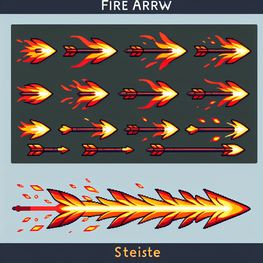 Wide Fire arrow sprite sheet.
Single Game Texture. In-Game asset. 2d. Blank background. High contrast. No shadows.