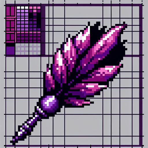 A purple posion dart. Feathers pointing down in the picture. Pixelart.vertical. Single Game Texture. In-Game asset. 2d. Blank background. High contrast. No shadows.