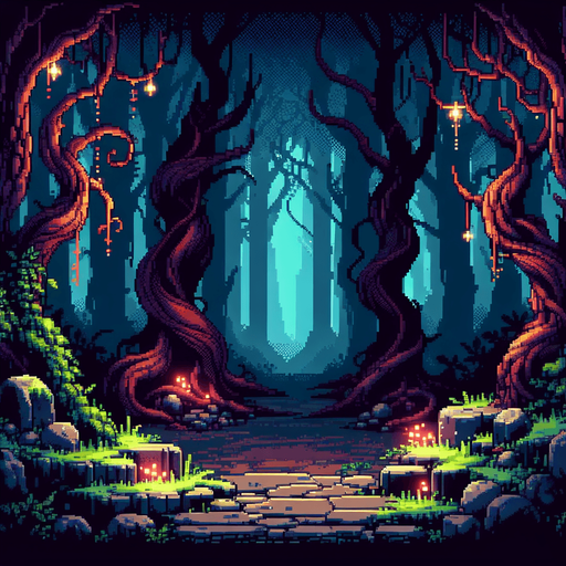 evil enchanted dark forest background, 1st person perspective, I want the art style to reflect a classic 16-bit retro pixel art aesthetic, reminiscent of early 1990s RPGs with vibrant colors..
Single Game Texture. In-Game asset. 2d. Blank background. High contrast. No shadows.