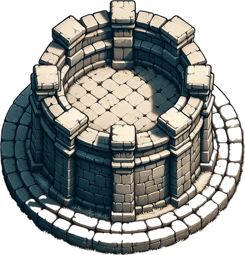 a medieval style stone tower. top down view. Single Game Texture. In-Game asset. 2d. Blank background. High contrast. No shadows.