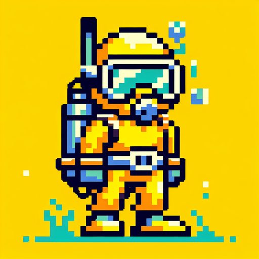 8-bit. cartoon. scubadiver. yellow. oldschool..
Single Game Texture. In-Game asset. 2d. Blank background. High contrast. No shadows.