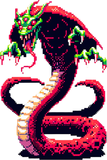 evil large snake dangling upside down, I want the art style to reflect a classic 16-bit retro pixel art aesthetic, reminiscent of early 1990s RPGs with vibrant colors.
Single Game Texture. In-Game asset. 2d. Blank background. High contrast. No shadows.