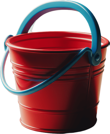 face view of a red beach bucket with a blue handle..
photo