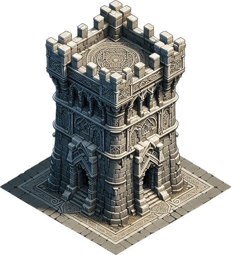 a medieval style stone tower. top down view. Single Game Texture. In-Game asset. 2d. Blank background. High contrast. No shadows.