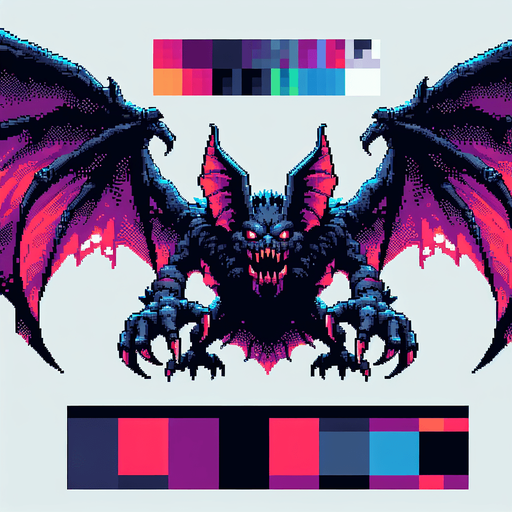 evil large flying bat, front view, I want the art style to reflect a classic 16-bit retro pixel art aesthetic, reminiscent of early 1990s RPGs with vibrant colors..
Single Game Texture. In-Game asset. 2d. Blank background. High contrast. No shadows.