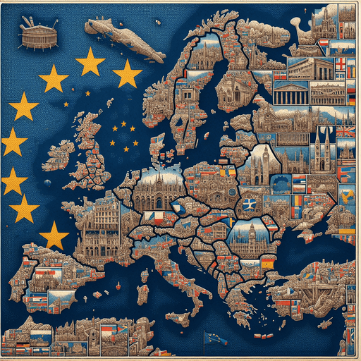 A patchwork of european countries with the european unio flag in back ground..
Single Game Texture. In-Game asset. 2d. Blank background. High contrast. No shadows.