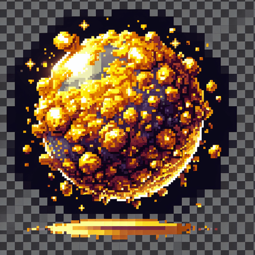 pixel art of a planet made of gold ore.
Single Game Texture. In-Game asset. 2d. Blank background. High contrast. No shadows.