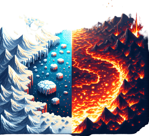 top-down bird-eye view perspective off a magical land, divided into two distinct elements of magma and ice. 8-bit pixelated.
Single Game Texture. In-Game asset. 2d. Blank background. High contrast. No shadows.