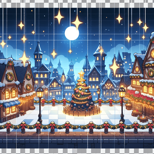 2d 3rd person front view of a christmas town square with a starry sky Single Game Texture. In-Game asset. 2d. Blank background. High contrast. No shadows.