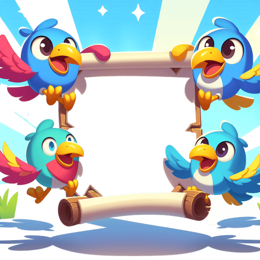 Create a cartoon-style illustration of two birds holding an empty banner by their feet. The goal is to capture a lively and playful location..
Single Game Texture. In-Game asset. 2d. Blank background. High contrast. No shadows.