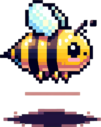 a pixel art bee, cute, side view, flying, no shadow

Single Game Texture. In-Game asset. 2d. Blank background. High contrast. No shadows.