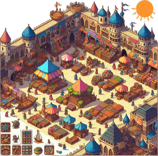 A market in a RTS fantasy style Single Game Texture. In-Game asset. 2d. Blank background. High contrast. No shadows.